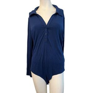 Ladies Size XL Navy Blue Ribbed Long Sleeve Collared Button Knit Body Suit NWT